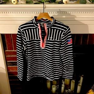 Vineyard Vines navy & white striped shirt with American flag patch in sleeve